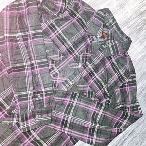 Five Brother Flannel Shirt Womens M Gray Purple Plaid Long Sleeve‎ Button Up